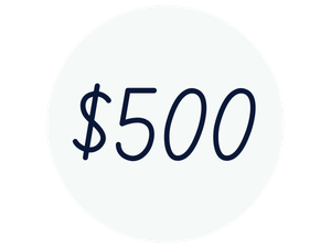 Circle badge displaying the amount $500 on a pale background