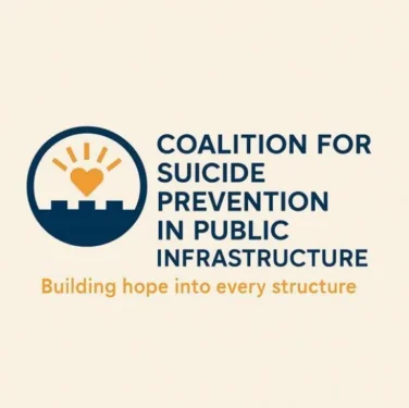 Coalition for Suicide Prevention in Public Infrastructure logo with a heart and sun over a blue arc, plus the slogan 'Building hope into every structure'.