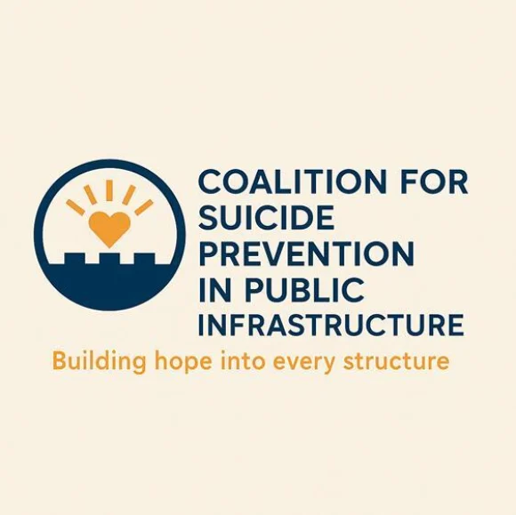 Coalition for Suicide Prevention in Public Infrastructure logo with a heart and sun over a blue arc, plus the slogan 'Building hope into every structure'.